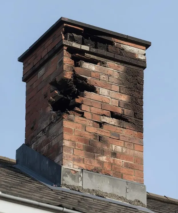 Damaged chimney showing crumbling bricks and structural issues.