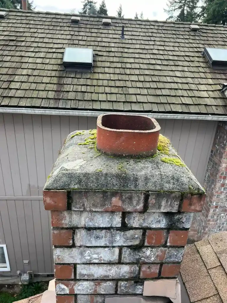 Brick chimney with moss buildup before chimney repair and cap installation in Monroe WA