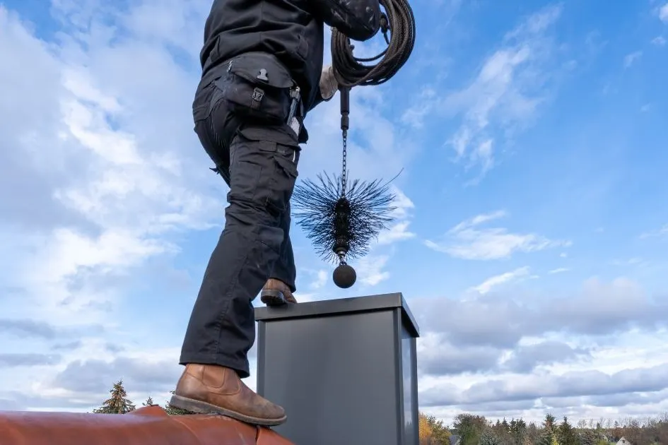 Technician sweeping the chimney using a chimney brush from the roof.