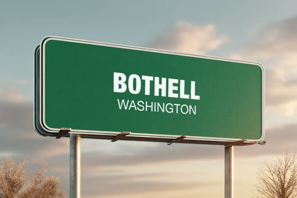 Green city entrance sign representing chimney services in Bothell, Washington
