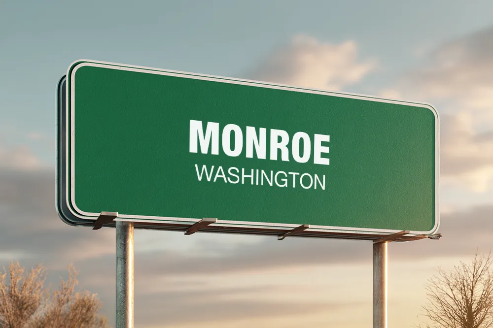 Green city entrance sign representing chimney services in Monroe, Washington