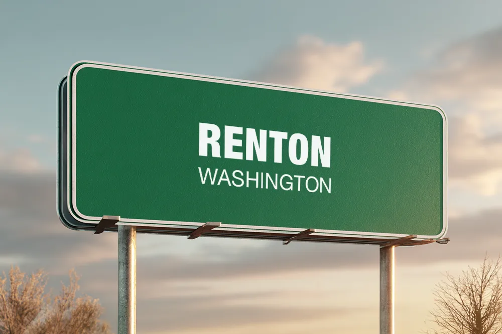 Green city entrance sign representing chimney services in Renton, Washington