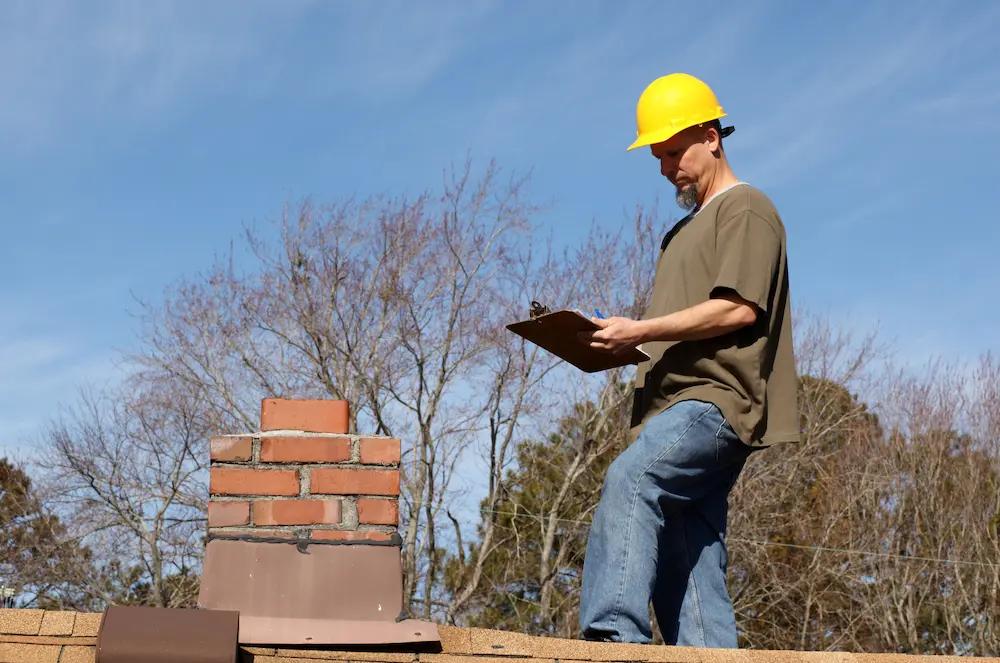 Technician performing rooftop chimney inspection