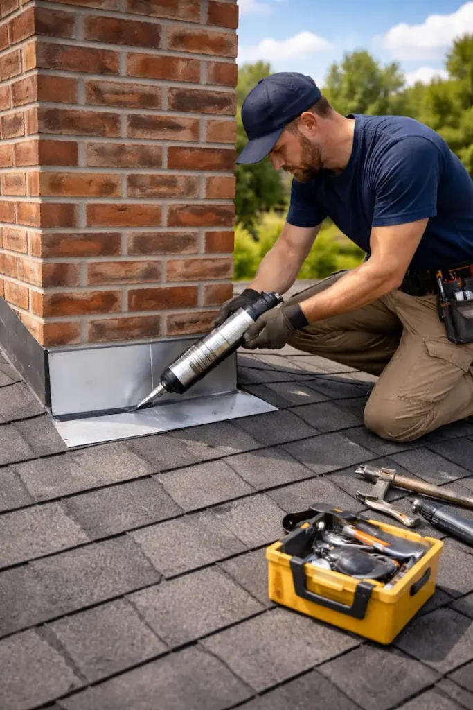 Technician performing chimney rain leak repair on brick chimney flashing