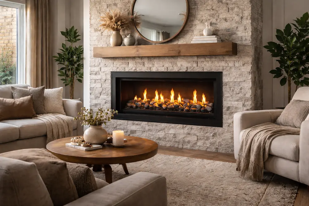 Cozy living room featuring a contemporary gas fireplace with glowing flames, light gray stone wall, and stylish furnishings.