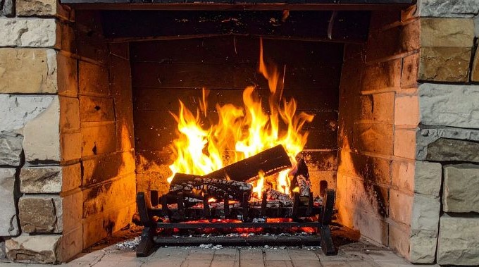 Stone-framed fireplace with glowing flames and a burning log rack.