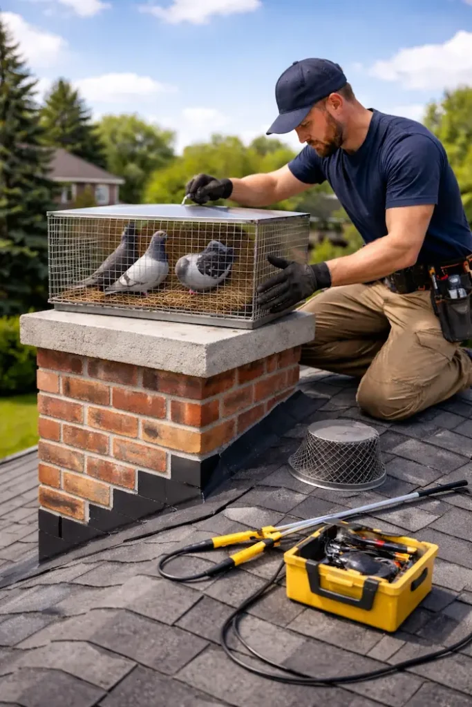 Technician performing chimney animal and pest removal with bird trap