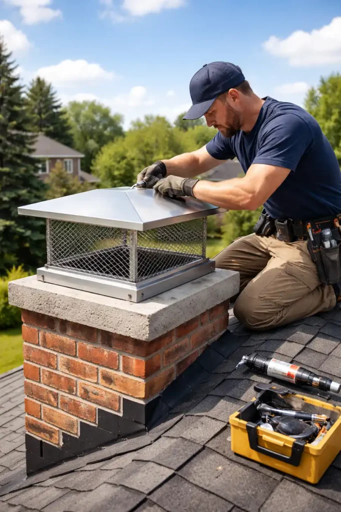 Technician repairing chimney cap on brick chimney roof