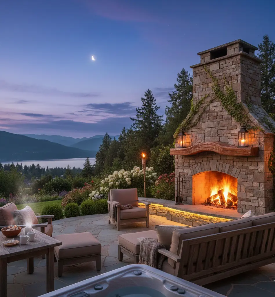 Outdoor stone fireplace with a scenic view, surrounded by cozy seating and beautiful landscaping.
