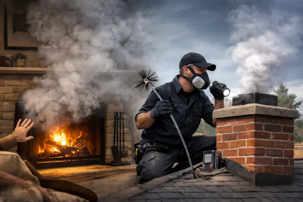 Chimney sweep inspecting and cleaning a chimney with smoke backing up into a home from a fireplace.