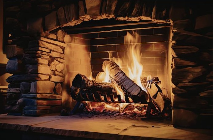 Close-up view of a stone-framed fireplace with glowing flames and logs.